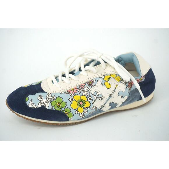 Tory Burch Low Top Floral Suede Sneakers SZ 5 Tennis logo $225 New Trainer - Picture 1 of 9
